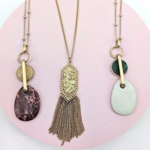 Necklace Lot 3 Semi Precious Stone Gold Tone Druzy Tassel Boho Chic Coachella